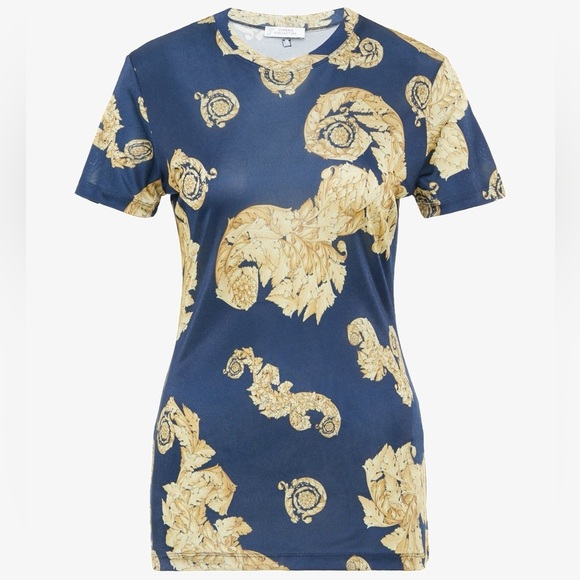 Versace Jeans Couture Navy Blue Gold Chromo Couture T-Shirt Semi Sheer Long Sm - Picture 1 of 11